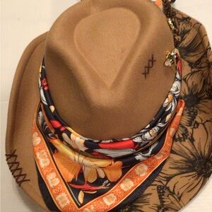NEW! Upcycled Brown felt Hat with Colorful Scarf